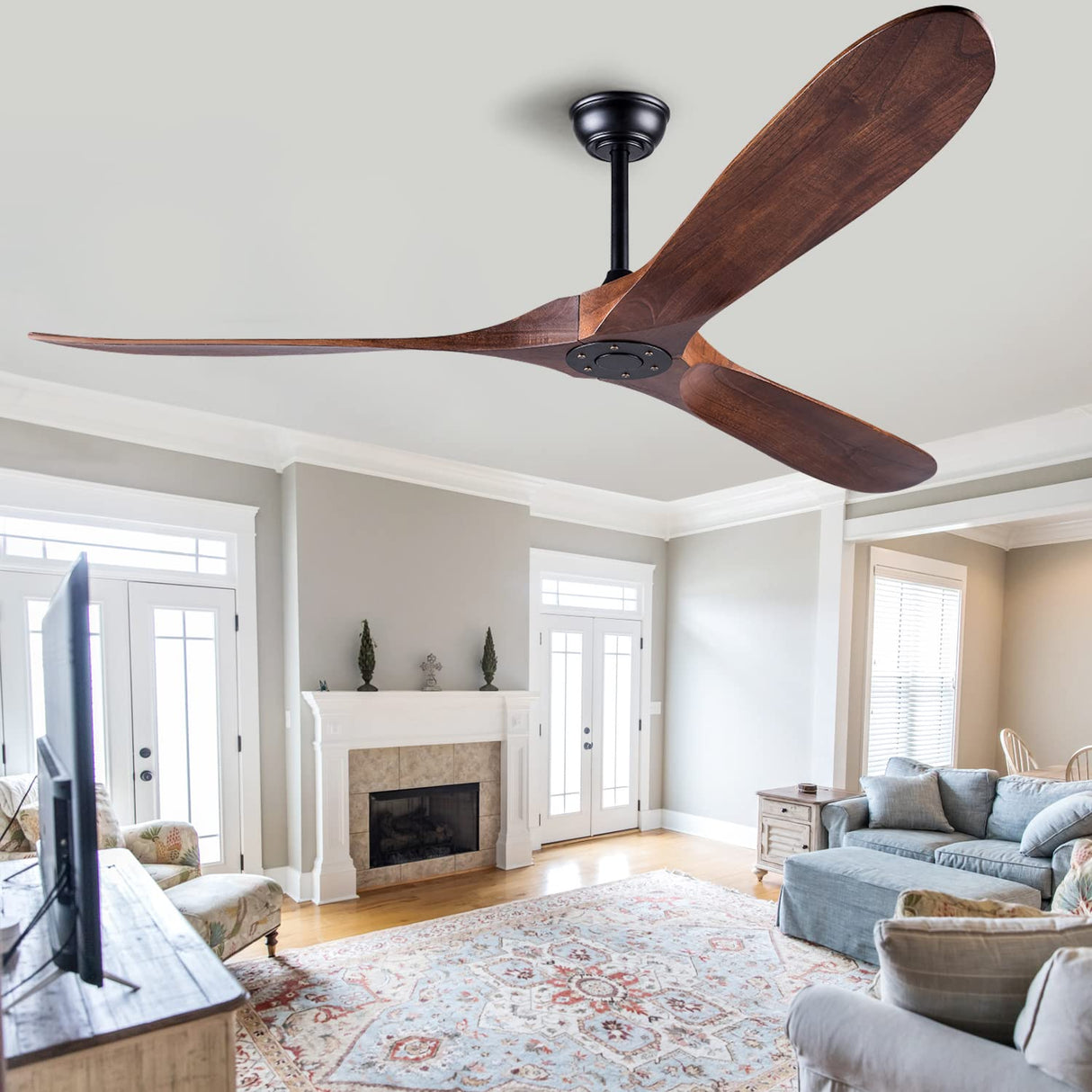 Solid Wood Ceiling Fans Without Light, 60 Inch Real Wood Ceiling Fan with Remote Control and 3 blade, Natural Wood Ceiling Fan Waterproof, Indoor Outdoor Ceiling Fans for Patio, Bedroom, Living room EOPETY