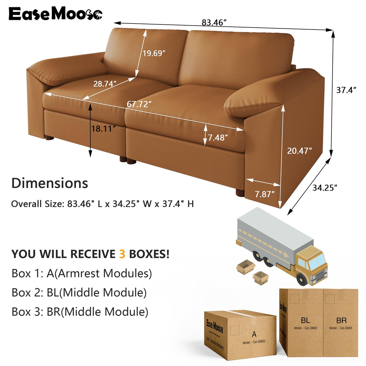 EASE MOOSE Loveseat Sofa for Living Room,Oversized Deep Seat Modular Sectional,Modern Comfy 2 Seater Sofas,Scratch Resistant Faux Leather Couch for Small Spaces, Brown EASE MOOSE