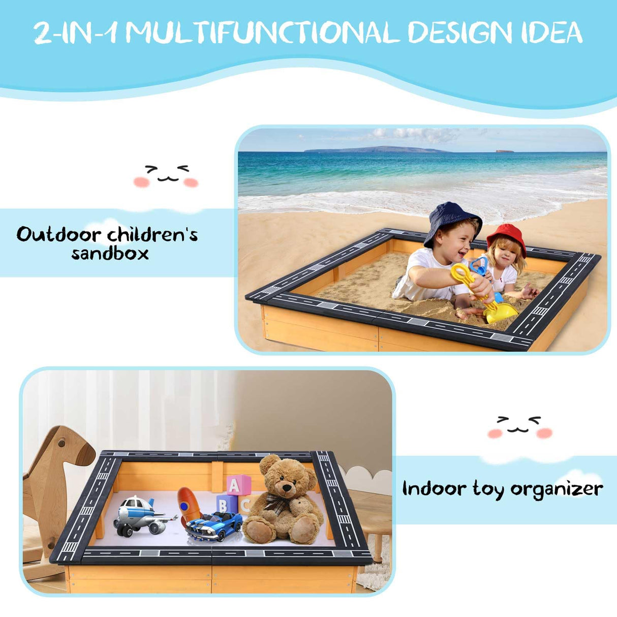 FAHKNS Wooden Sandbox for Backyard,DIY Raceable Race Track Seats,Sand Protection, Bottom Liner for Outdoor Recreation, Toy Storage, Flower Gardening.(47x 38in ) FAHKNS