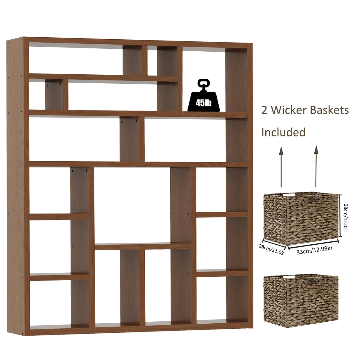 BOSHIRO 6-Tier Large Open Bookcase 71” Tall Sturdy Wooden Bookshelf with Baskets,Modern Style 16-Cube Home Display Shelf for Bedroom, Living Room(Oak Color) BOSHIRO