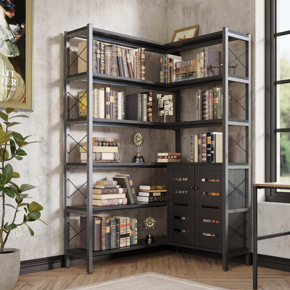 GLAUBIO 6 Tier Small Corner Bookshelf with Storage Cabinet,L Shaped Black Bookshelf with Doors,Industrial Corner Plant Stand,Corner Book Shelf,Small Bookcase for Living Room, Home Office GLAUBIO