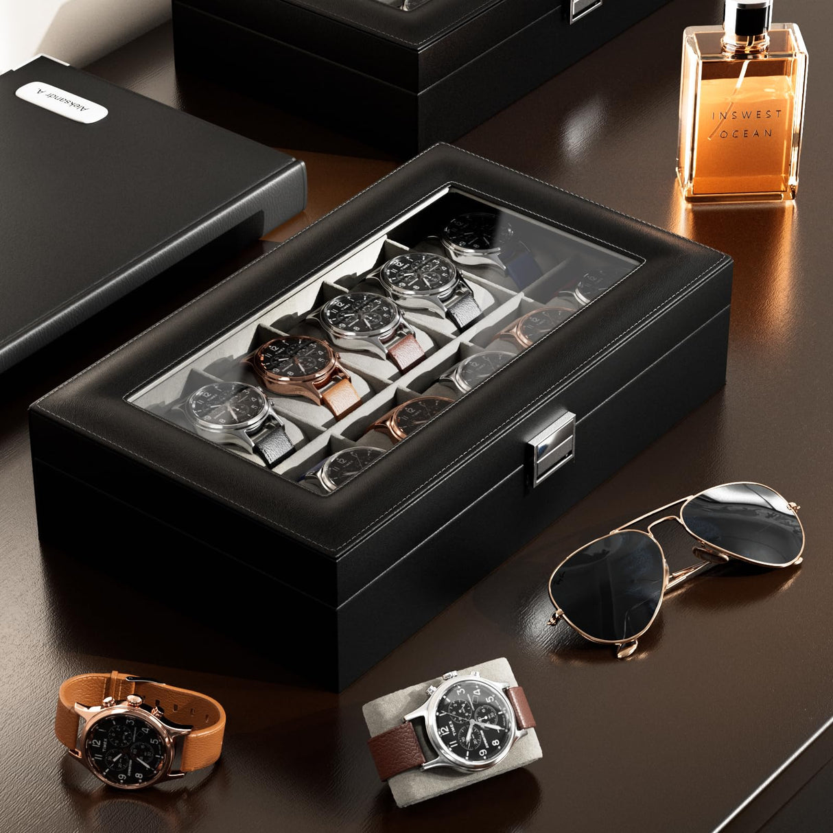 ProCase Watch Box Organizer for Men, 12 Slot Watch Display Case With Glass Lid, PU Leather Watch Storage Mens Watch Case, Watch Holder Organizer for Men Women -12 Slot, Black ProCase