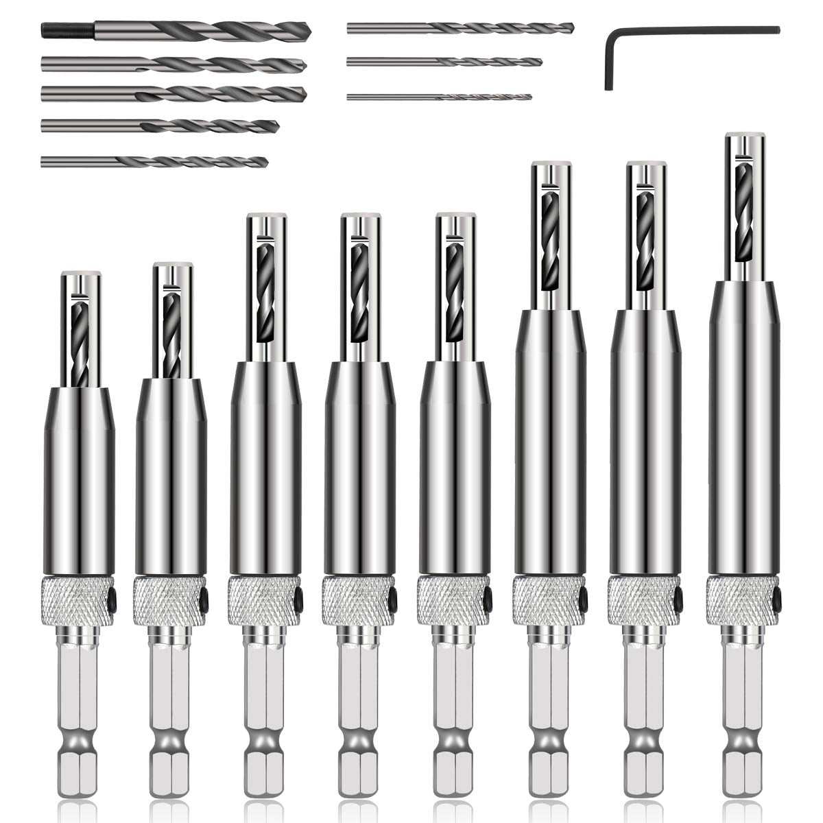 COMOWARE 17pcs VIX Bits Self Centering Drill Bit Set, 1/4" Hex Shank Self Centering Hinge Drill Bit Set for Woodworking Window Door Hinge, Quick Change with 1 Hex Key & 8 Drill Bits 5/64-1/4” COMOWARE
