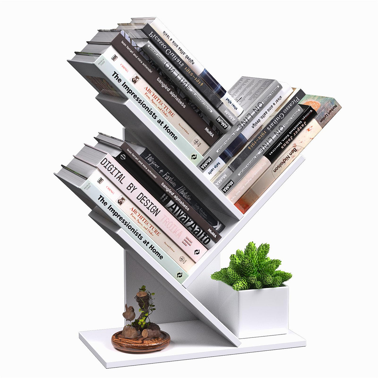 R RUISHENG 3 Tier Small Tree Bookshelf Storage Organizer Shelves Floor Standing Bookcase Desk Wood Storage Rack for Home Office Living Room Bedroom Display for Book Magazine CD manga Warm White R RUISHENG
