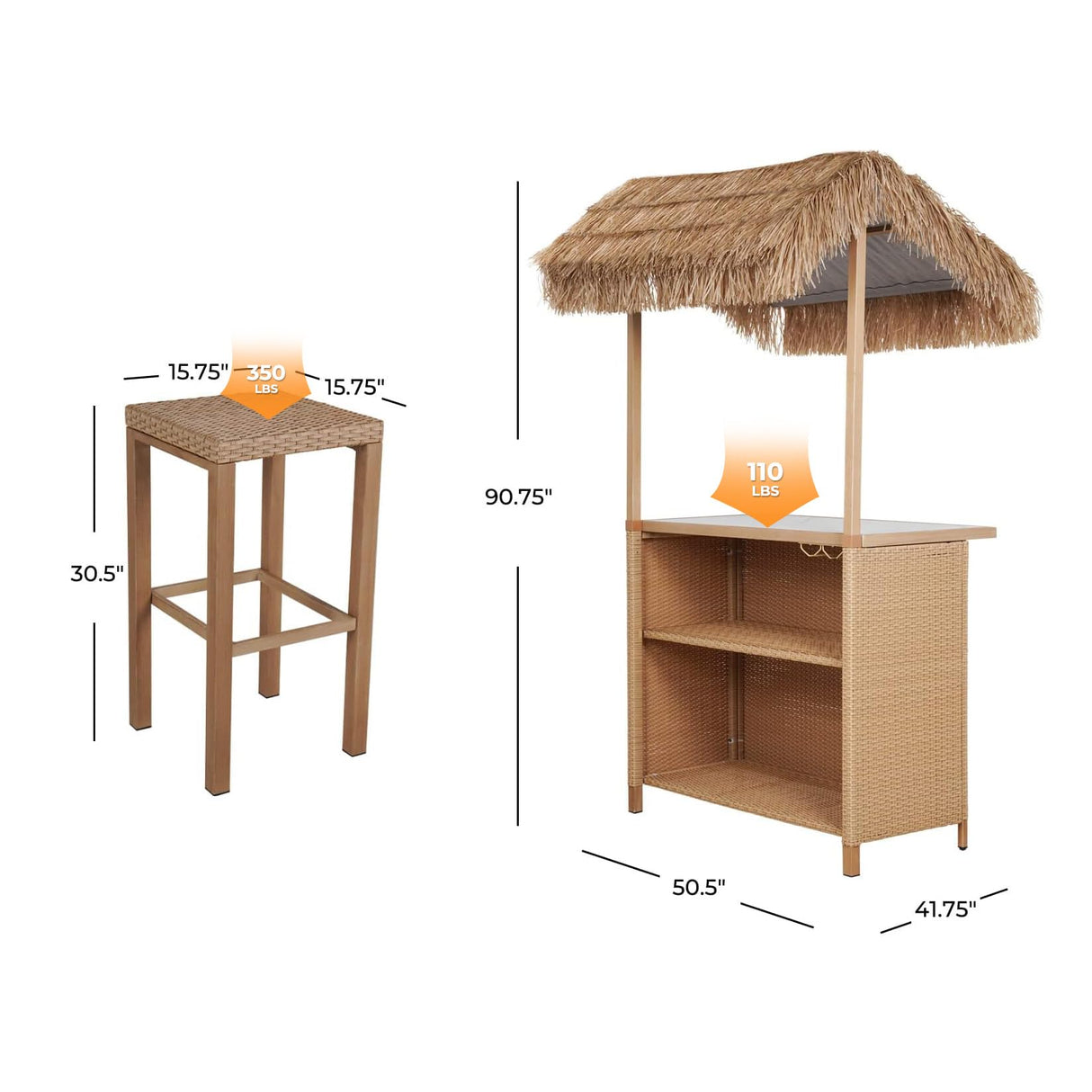 Grand patio Outdoor Tiki Bar Set with Widen Ceramic Top (42" W), Phuket 3-Piece Wicker Islander Tiki Bar and 2 Stools Storage for Garden, Natural Grand patio