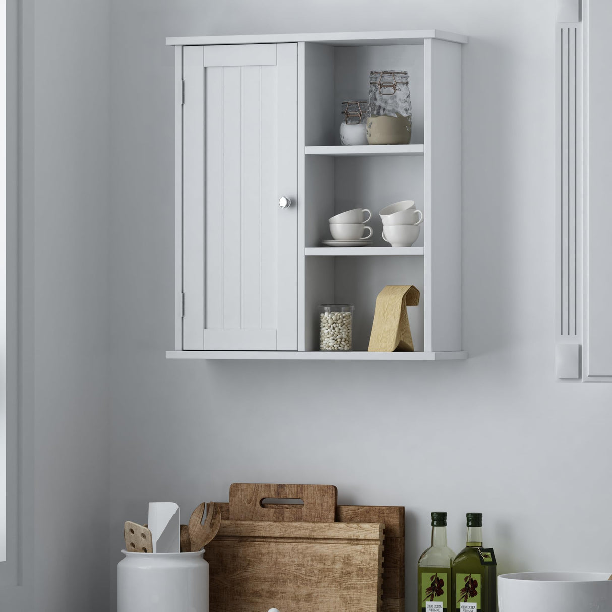 Treocho Bathroom Wall Cabinet, Medicine Cabinet with Door and 3 Open Shelves, Wall Mounted Storage Organizer for Bathroom, Kitchen, Living Room, White Treocho