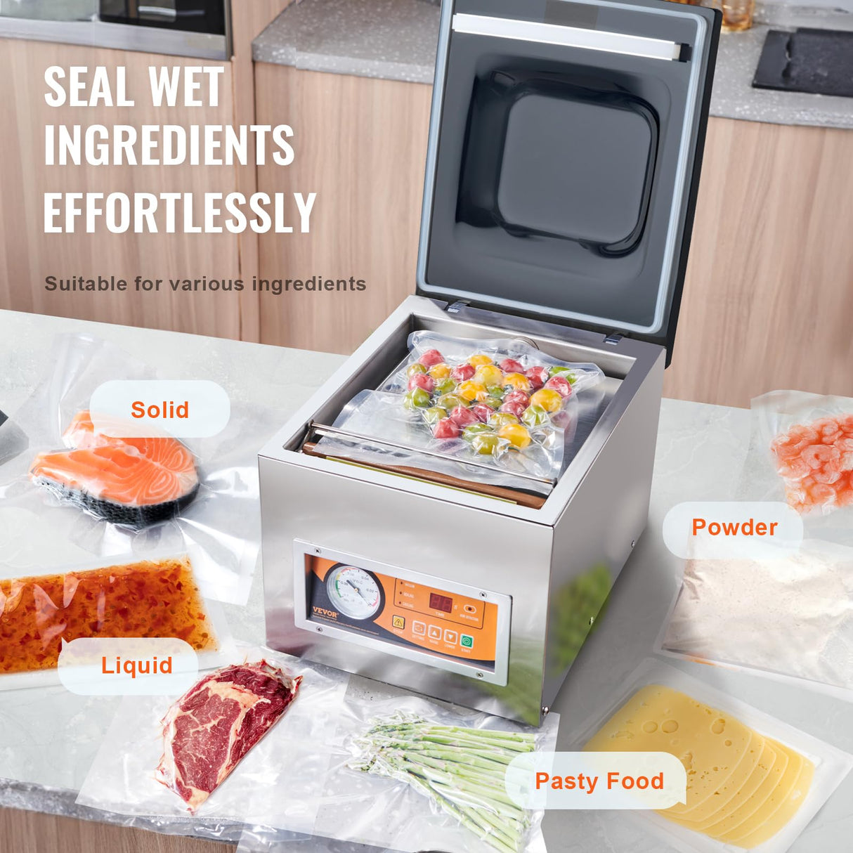 VEVOR Chamber Vacuum Sealer, 260W Sealing Power, Vacuum Packing Machine for Wet Foods, Meats, Marinades and More, Compact Size with 10.2" Sealing Length, Applied in Home Kitchen VEVOR