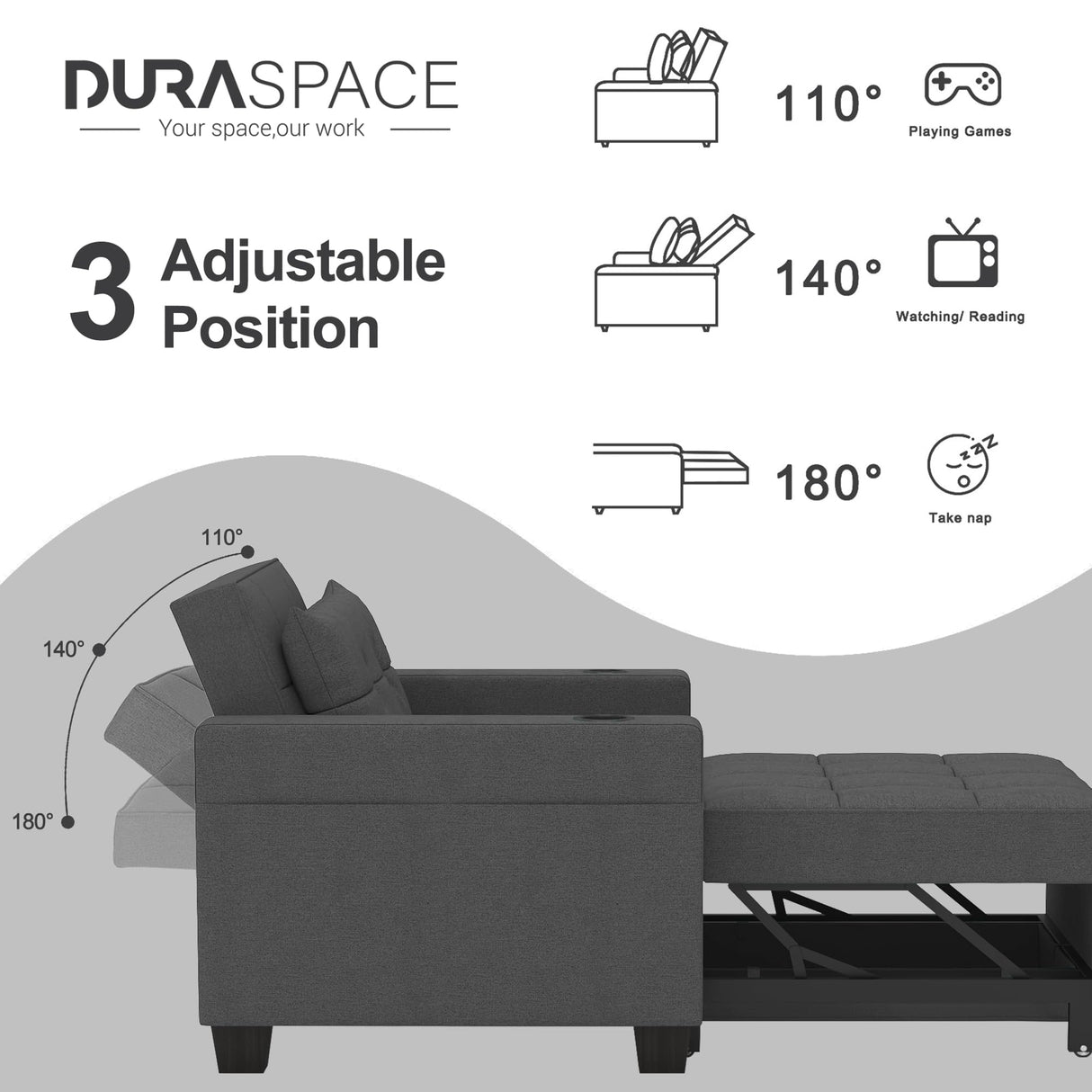 DURASPACE 39 Inch Sleeper Chair 3-in-1 Convertible Chair Bed Pull Out Sleeper Chair Beds Adjustable Single Armchair Sofa Bed with USB Ports, Side Pocket, Cup Holder (Dark Gray Linen) DURASPACE