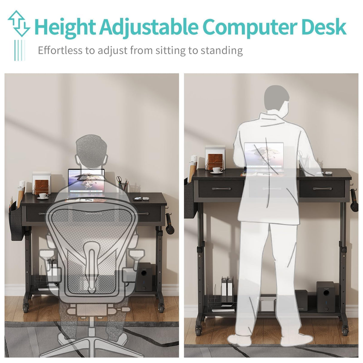 Rolling Standing Desk Adjustable Height with Drawers, 40 Inch Mobile Stand Up Portable Desks on Wheels for Bedroom Home Office, Couch Sofa Side Laptop Table with Storage, Black WINAZ