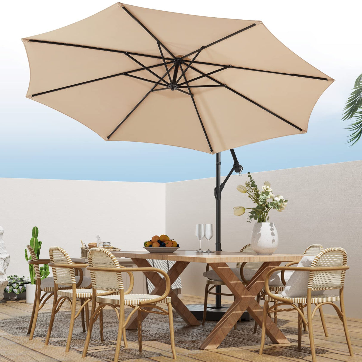 wikiwiki 10ft Patio Umbrellas Offset Outdoor Umbrella Cantilever Hanging Umbrellas w/Infinite Tilt, Fade Resistant Waterproof RECYCLED FABRIC Canopy & Cross Base, for Yard, Garden & Deck, Cream Beige wikiwiki