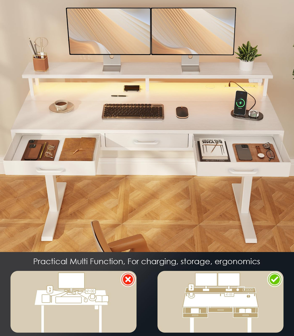 OffiGo Electric Standing Desk with Drawers, 55 Inch Height Adjustable Desk with Power Outlets & LED Lights, Sit Stand Table with Monitor Stand for Home, Office, Workstation, White OffiGo