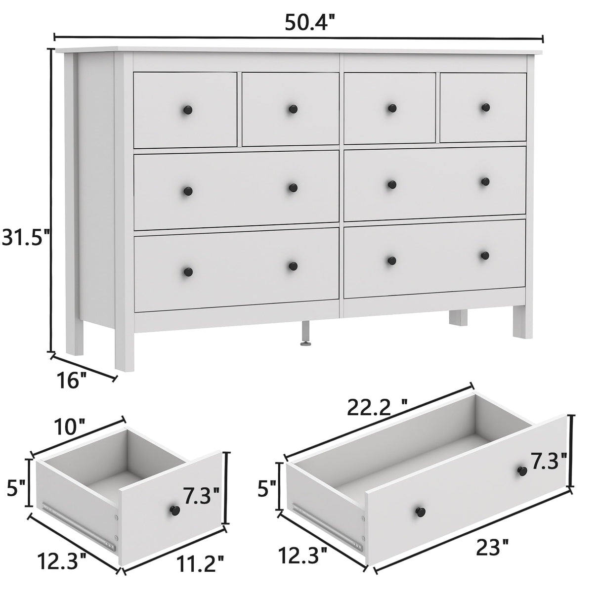 wanan 8 Drawer Dresser, 50" Modern White Dresser &Chests of Drawer, 8 Drawer Wide Dressers for Bedroom wanan