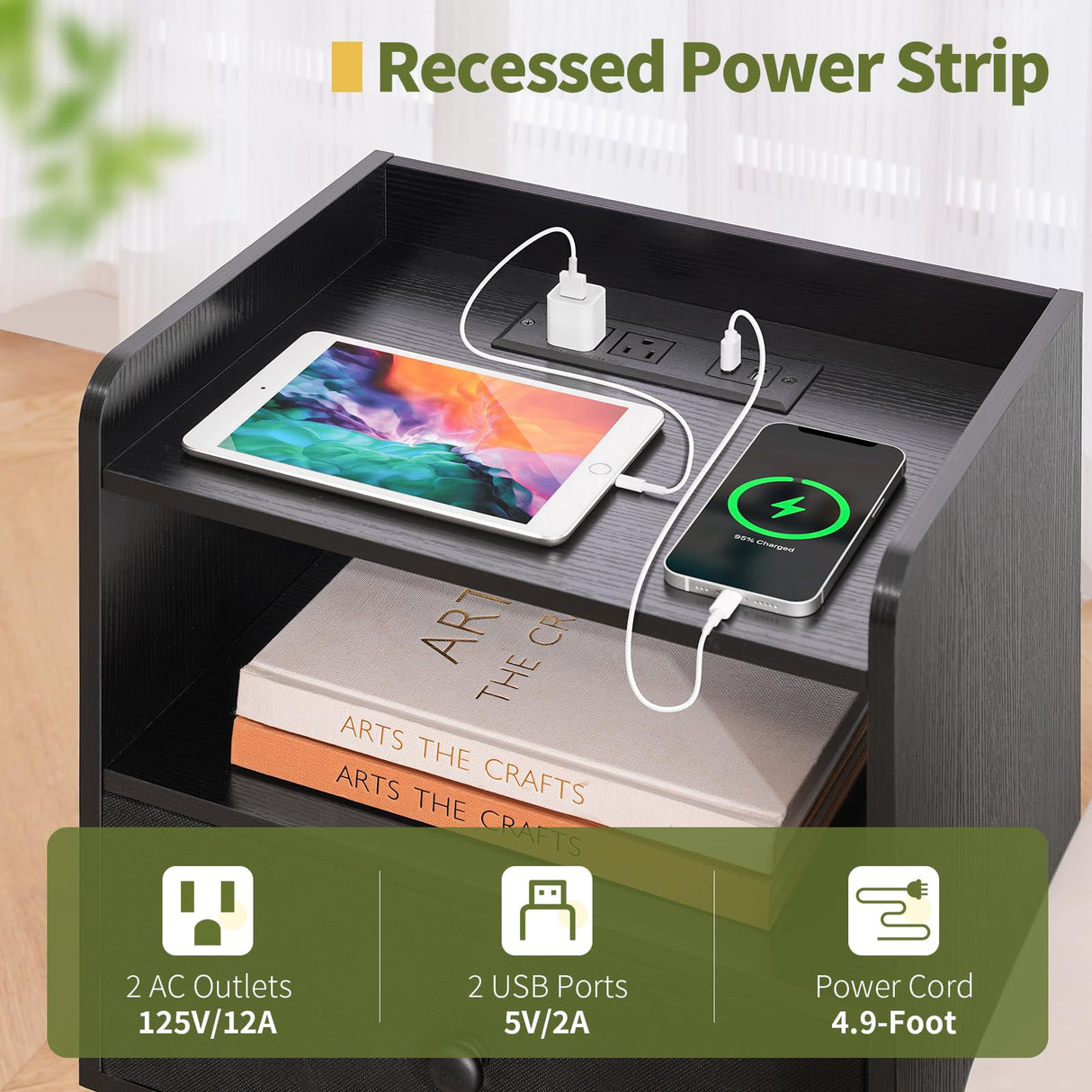 Yoobure Nightstand with Charging Station, Modern Night Stand with LED Lights, Wood Nightstands with Fabric Drawer & Storage Shelf, Night Stands Bedside Table with USB Ports for Bedroom, Office, Home Yoobure