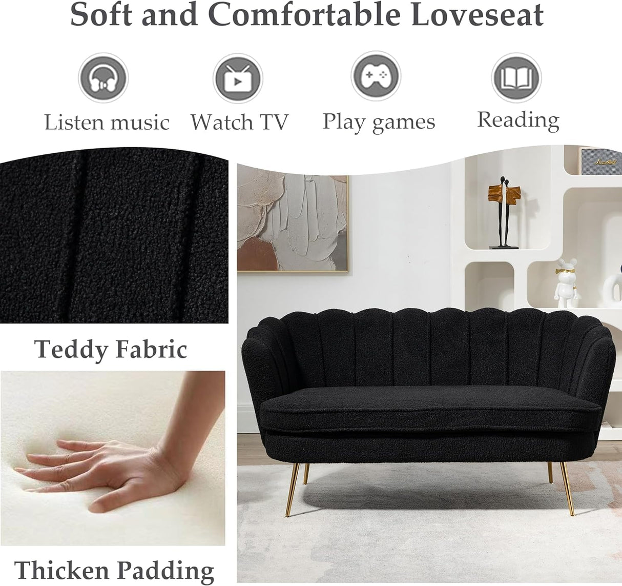 anwickjeff 59" Wide Modern Boucle Loveseat Small Sofa Small Mini Room Couch 2-Seater Sofa with Gold Metal Legs for Space Office Studio Apartment Bedroom (Black) anwickjeff