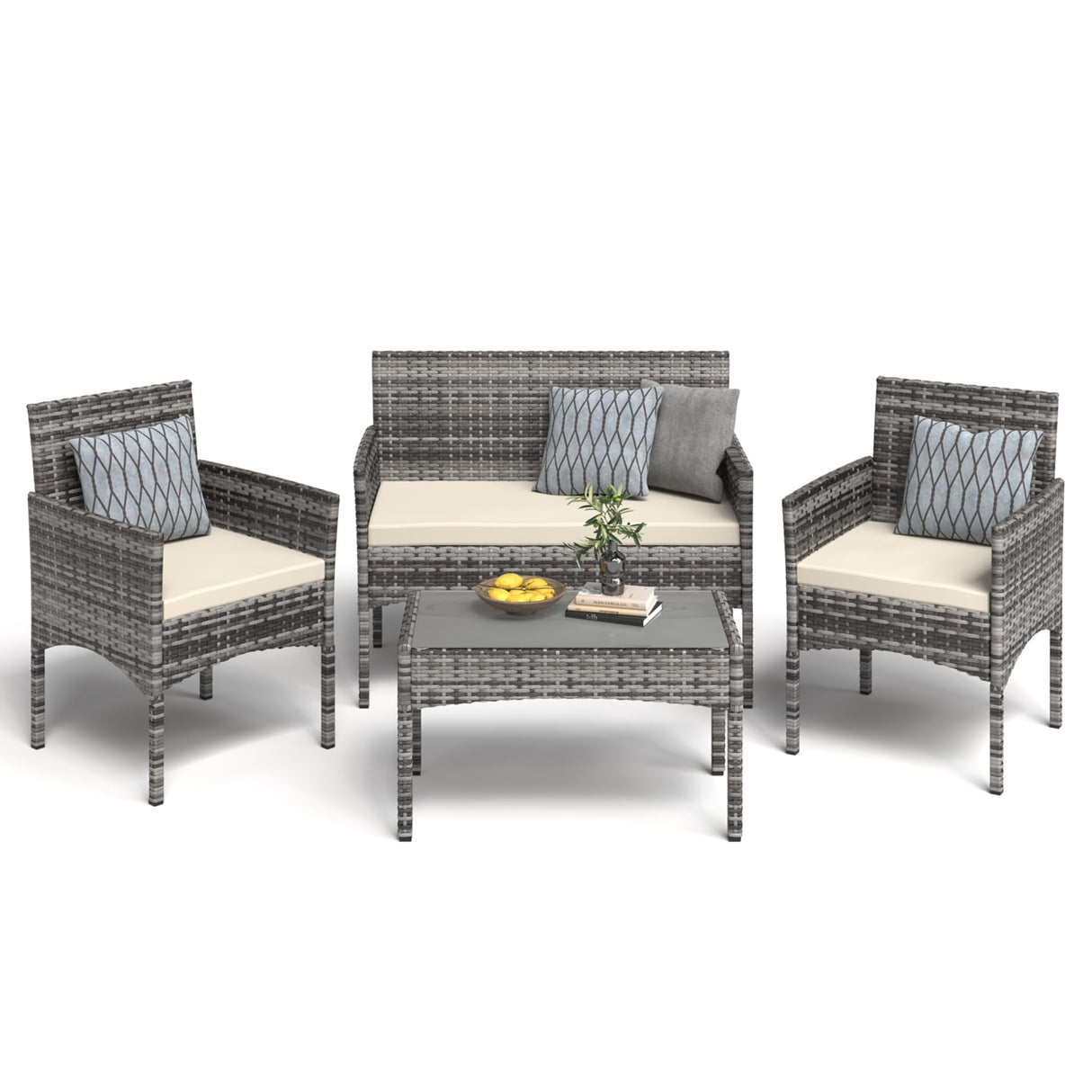 BUPPLEE 4 Pieces Patio Furniture Set, Outdoor Wicker Rattan Patio Conversation Furniture Set with Waterproof Cushion and Table for Lawn Poolside Backyard Garden Balcony Porch BUPPLEE