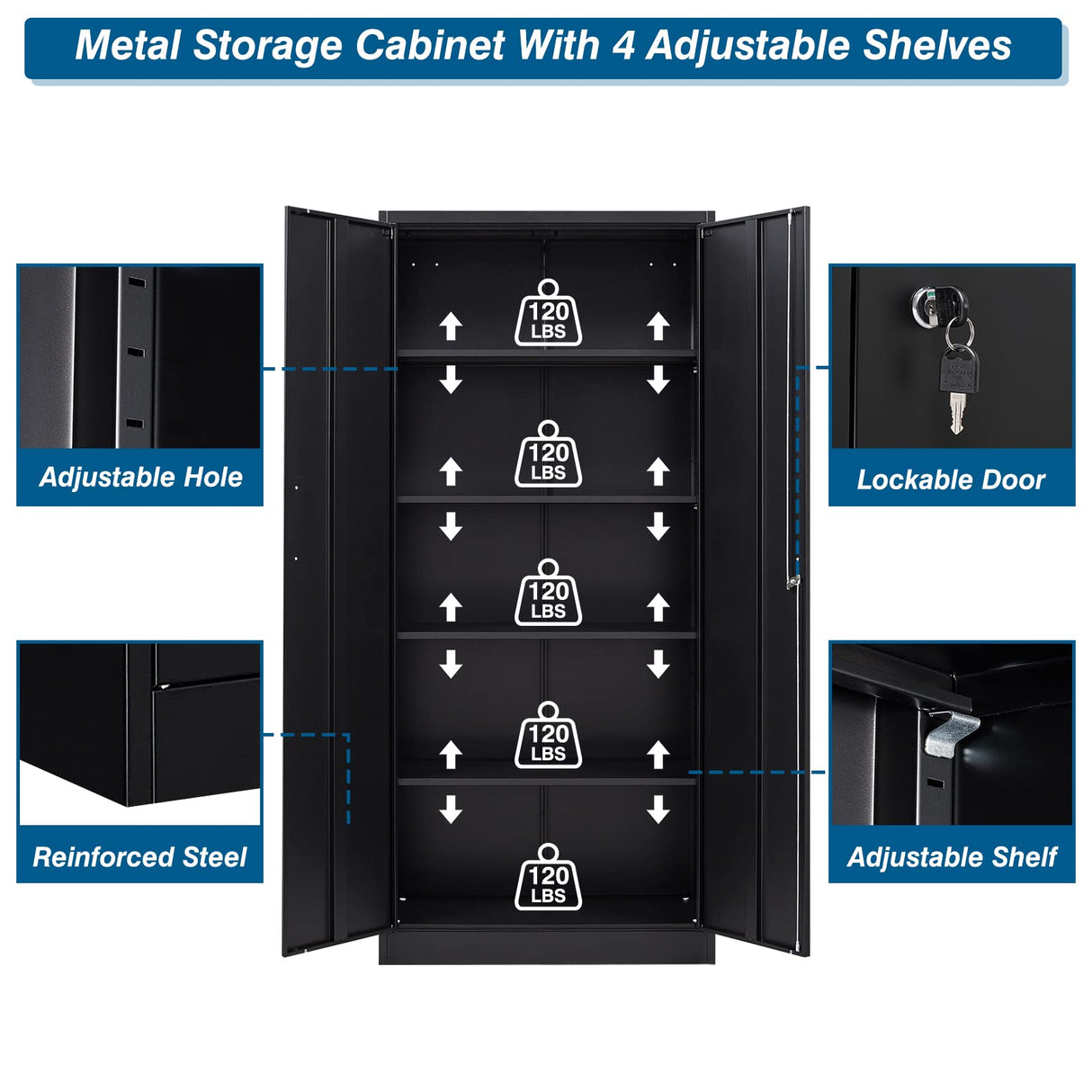 PEUKC Metal Garage Storage Cabinet, 71-inch Tall Storage Cabinet with Adjustable Shelves & Locking Doors, Tool Cabinets for Garage,Office,Home,School,Gym Storage (Black) PEUKC