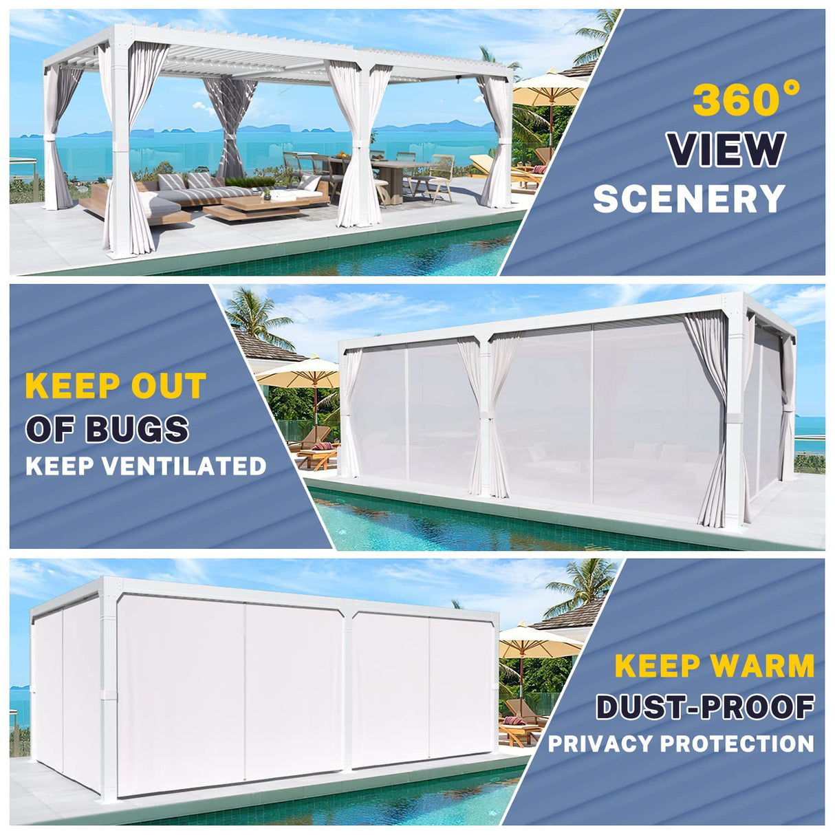 MELLCOM Louvered Pergola 12x20, Aluminum Pergola with Adjustable Louvered Roof, Outdoor Pergola with Waterproof Curtains and Nets, White MELLCOM