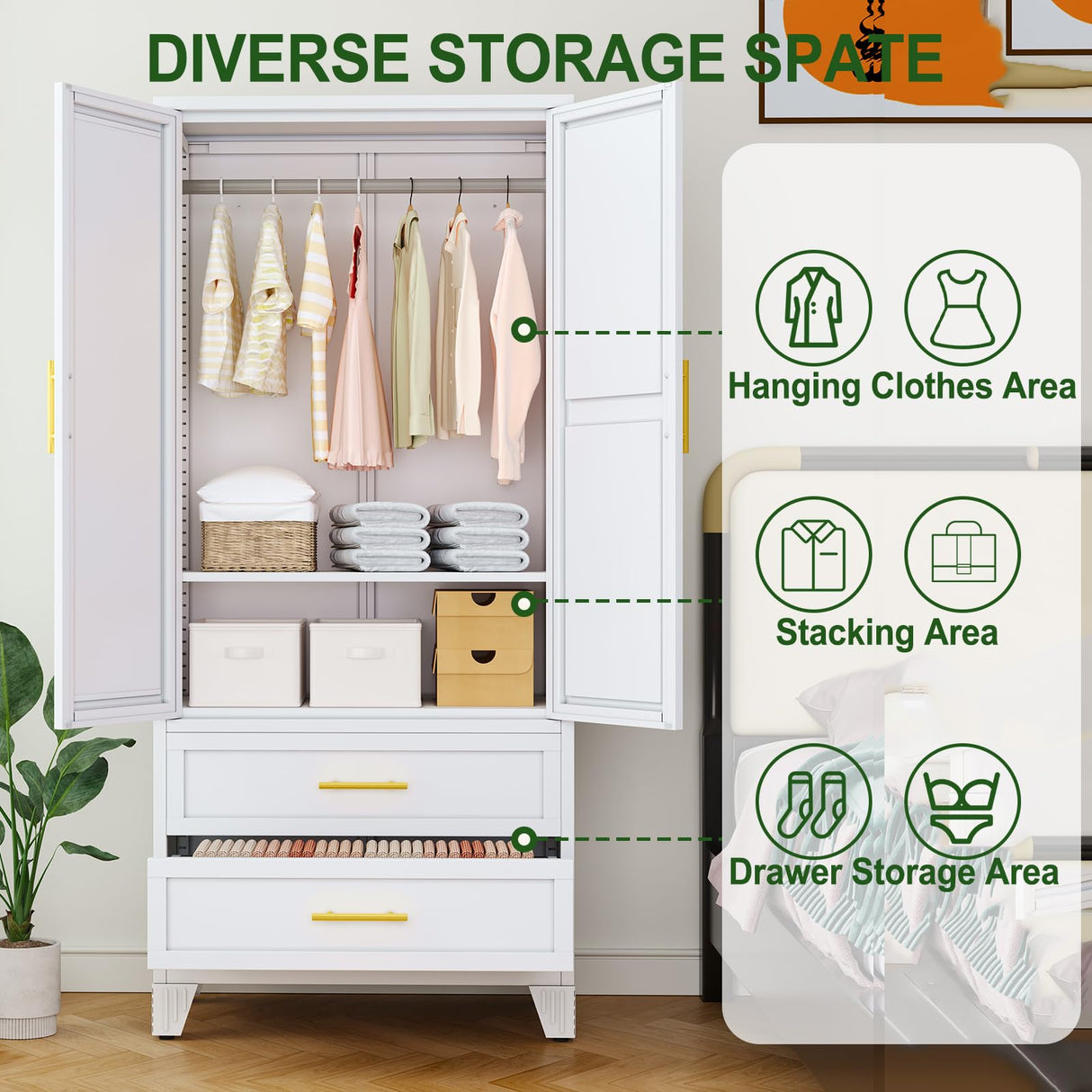 winiowa Metal Armoire Wardrobe Closet with 2 Drawers, 71" Wardrobe Cabinet with Adjustable Shelves and Hanging Rod, Clothing Storage Cabinet Closet with Mirror for Bedroom-White winiowa