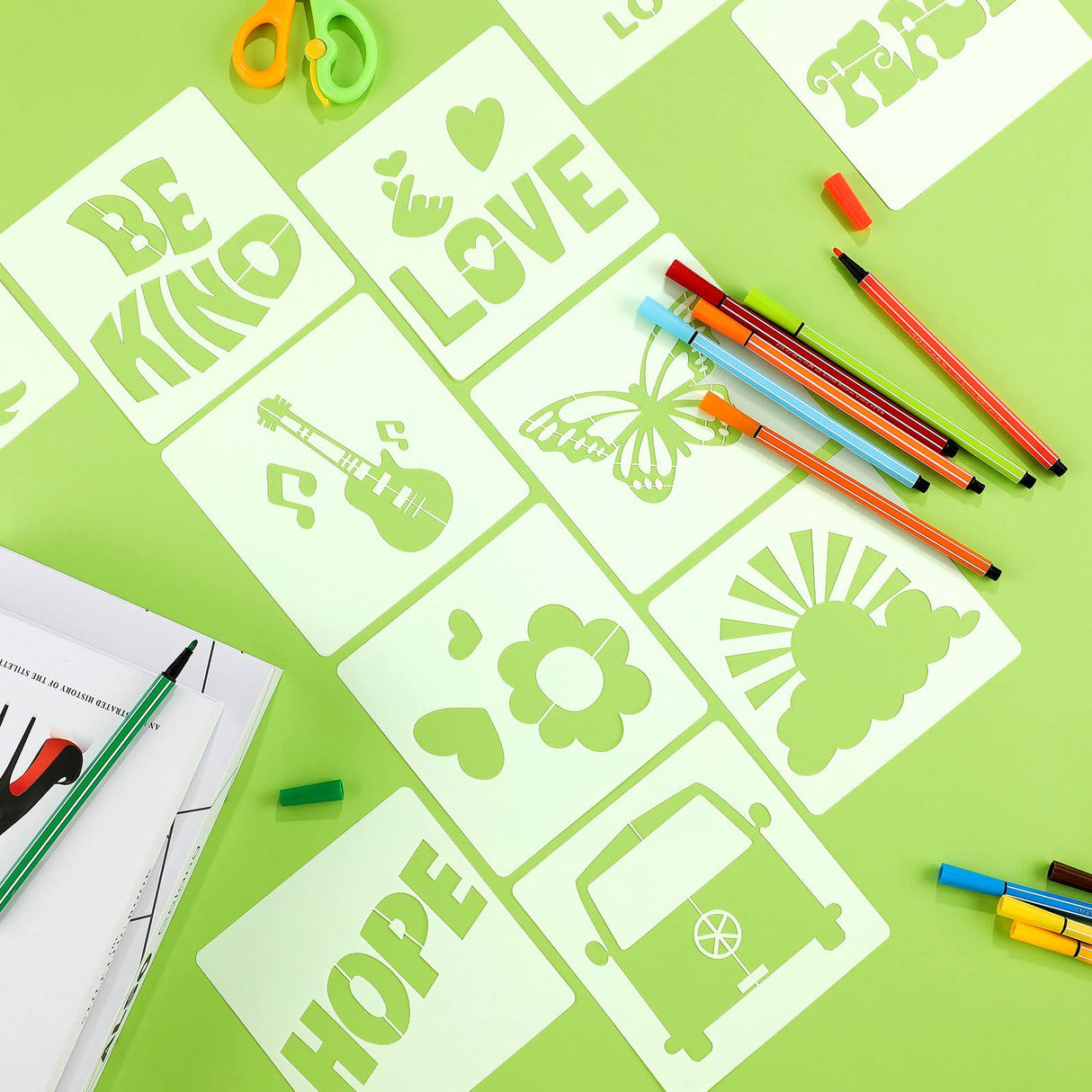 Junkin 20 Pcs Stencil for Painting Stencil Reusable DIY Drawing Template Motivational Art for Crafts Home Decor on Wood, Canvas, Paper, Fabric, Walls, Furniture(Peace and Love) Junkin