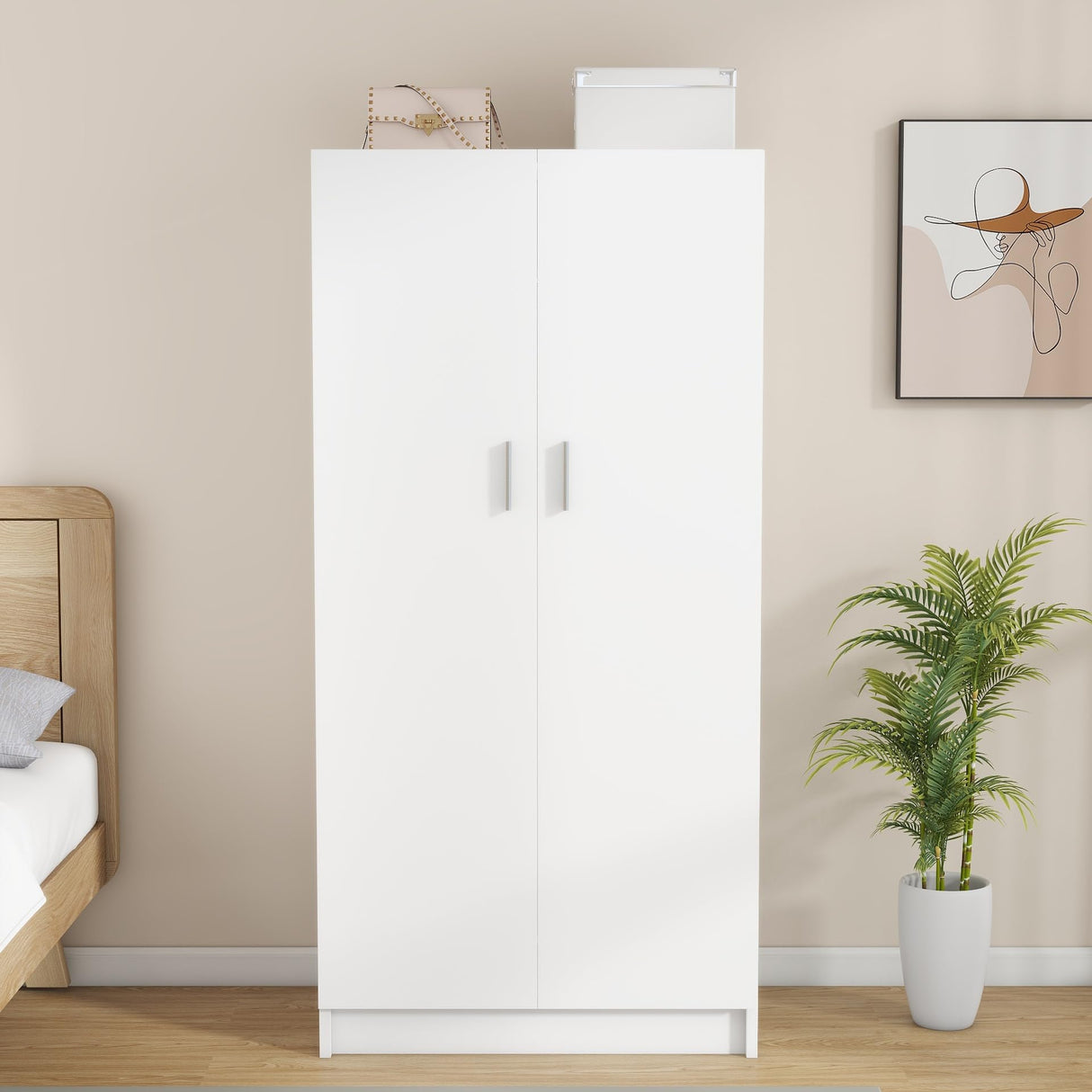Panana 2 Door Wood Wardrobe Cabinet Closet with Hanging Rail and 2 Shelves, Bedroom Armoire for Storage (White) Panana