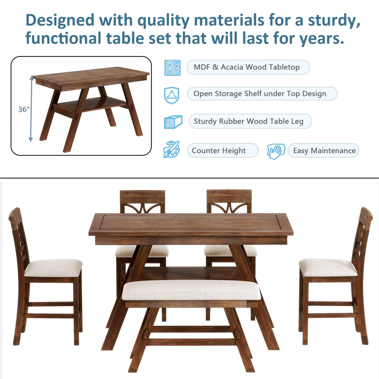 Kitchen Dining Table Set 6 Piece Wooden Counter Height Dining Table Set with Storage Shelf, Rectangular Dining Table with 4 Upholstered Chairs and 1 Bench, Rustic Style, Walnut with Beige Cushion Merax