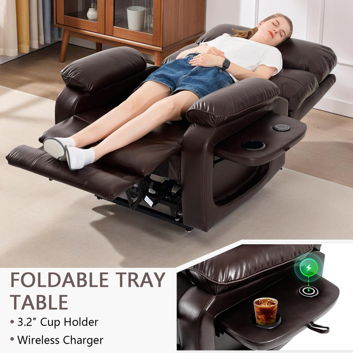 Dual Motor Power Lift Recliner Chair for Adult & Elderly, Infinite Position Lay Flat Lift Chair with Heat & Massage, Cup Holder, Lumbar Pillow, Wireless Charger, USB Ports, Leather (Brown) RESTREAL