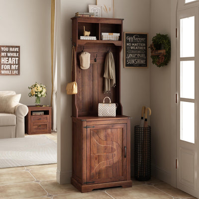 Maupvit Farmhouse Narrow Coat Rack with Shoe Storage, 6 Shoe Cubbies & 5 Coat Hooks, Entryway Furniture with Hall Tree, Ideal for hallways, Living Rooms and Mudrooms