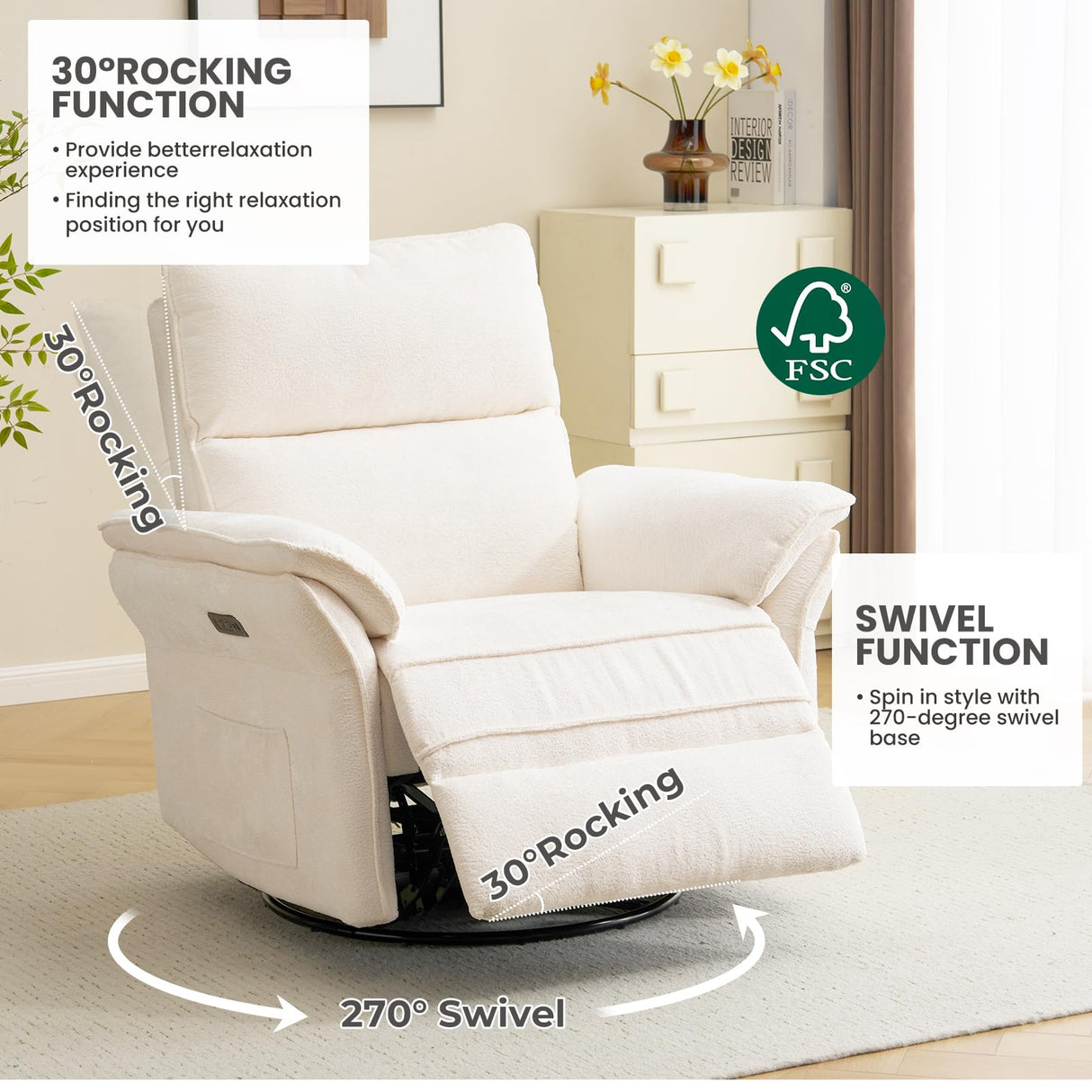 Rhevoy Oversized Power Recliner Chair Swivel Glider with Massage and Heat, Rocker Nursery Recliner for Adults with Adjustable Headrest, 26" Extra Wide Nursery Chair with Overstuffed Armrest,White Rhevoy