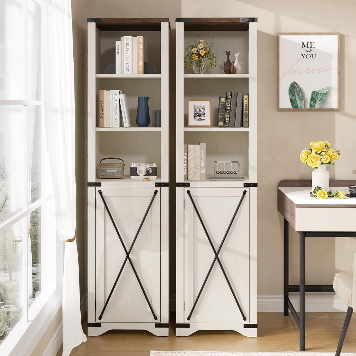 Vabches 5 Tier Bookcase with Doors Set of 2, 67” Tall Farmhouse Bookshelf with Storage Cabinet, Adjustable Shelves & Barn Door, Narrow Wooden Book Shelf for Living Room, Office, Antique White Vabches