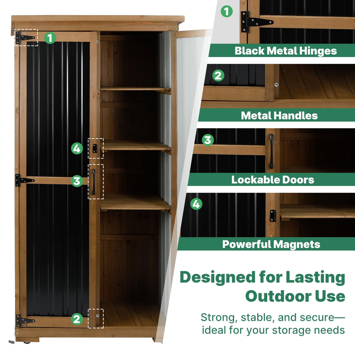 Ketive Outdoor Storage Cabinet Wood & Metal, Tall Tool Shed with Weatherproof, Double Lockable Doors, Removable 3 Shelves, Adjustable Feet for Patio, Garden, Backyard, Lawn, 32" x 15.5" x 66" (Brown) ketive