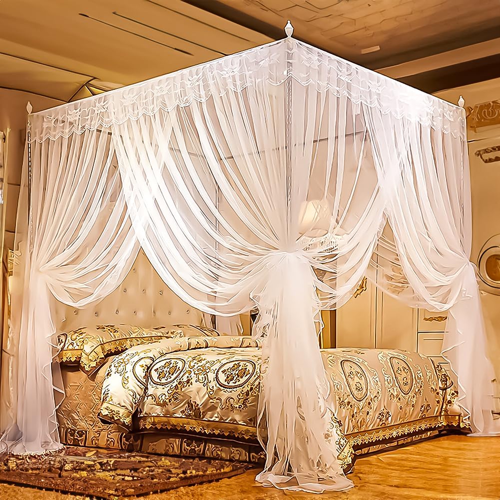 JNTKE Canopy Bed Frame, 4 Corners Stainless Steel Bed Mosquito Net Frame Bracket, King Metal Four Corner Bed Mosquito Netting Bracket for Bedroom Decoration, 78"x 78"x 78" JNTKE