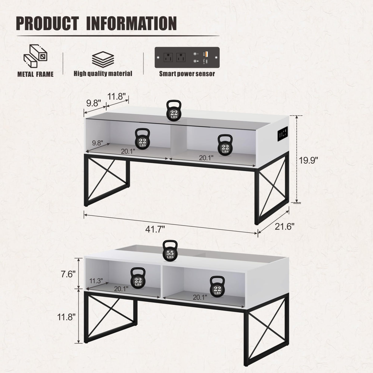 Glass Coffee Tables for Living Room, White Mid Century Modern Coffee Table with Storage, Smart Led Light Wood Coffee Table HWB