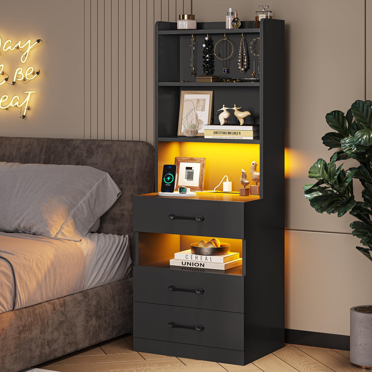 Tall Black Nightstand Set with LED Lights, Charging Station, and Bookshelf - Modern Storage Solution for Bedrooms VIAGDO