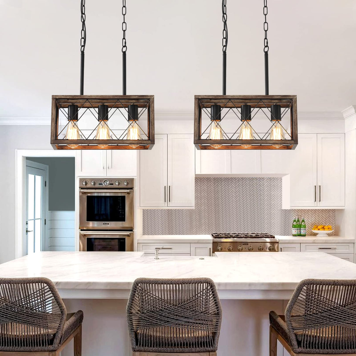 KEESFU Farmhouse Kitchen Island Lighting, 3 Lights Pendant Lighting Fixtures, Adjustable Height, Industrial Dining Room Light for Living Room Foyer Dining Table Over Sink. (Wood Grain Color) KEESFU