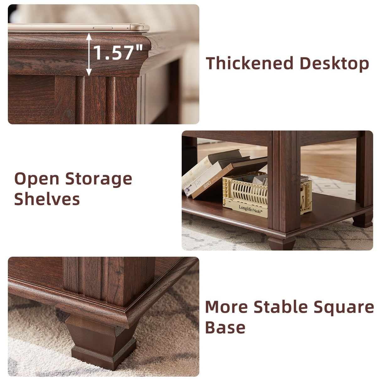 SAVOR LIFE Farmhouse Coffee Tables for Living Room,Square Living Room Tables with Open Storage Shelf,Large Modern Coffee Table,Rustic Brown Center Table,Walnut SAVOR LIFE