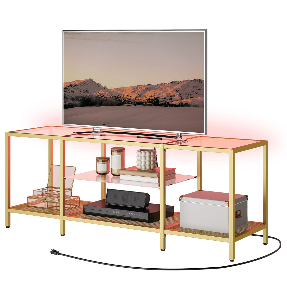 HOOBRO TV Stand with LED Lights and Power Outlets for TVs up to 65", Modern 55 Inch Tempered Glass TV Console Table with Open Shelves, Media Entertainment Center for Living Room, Gold GD145UDS01 HOOBRO
