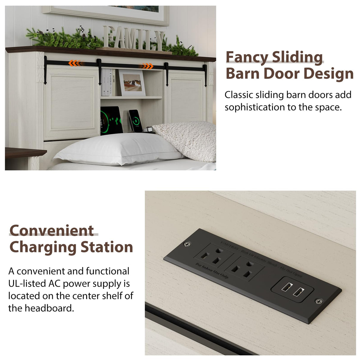 BLANKSPACE Antique White Queen Size Bed Frame with Storage Headboard, Charging Station, Bracket Footboard, Farmhouse Bed Frame with Bookcase and Sliding Barn Doors, Noiseless,No Box Spring Needed BLANKSPACE