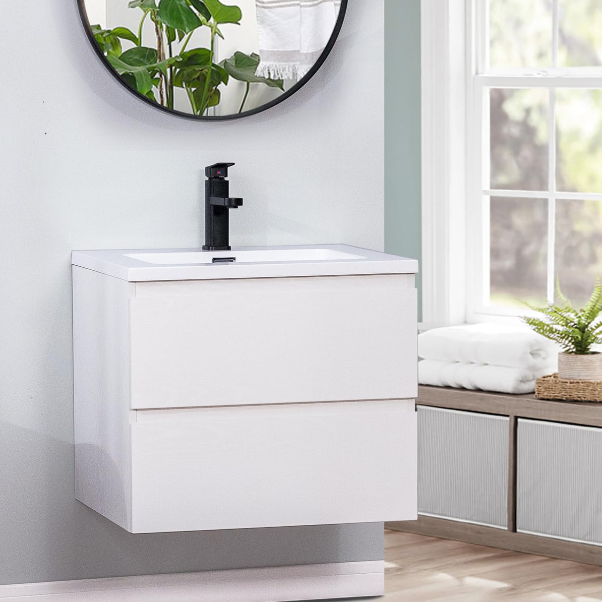KSWIN 24" White Wall Mounted Bathroom Vanity with Sink Floating Vanity Two Drawers Bathroom Cabinet with White Ceramic Integrated Sink KSWIN
