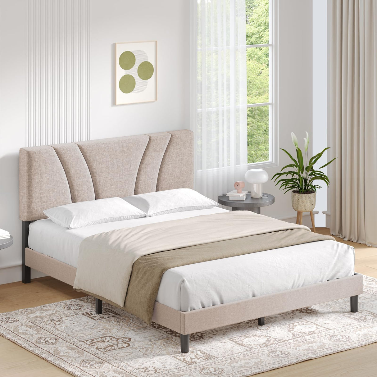 Novilla Adjustable Queen Bed Frame with Linen Upholstered Headboard and Wooden Slat Support Novilla