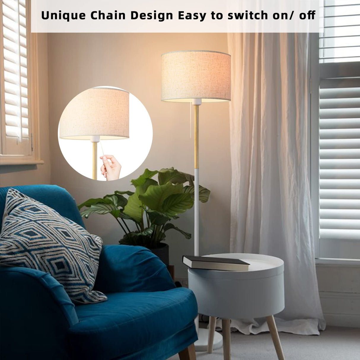 Modern Floor Lamp for Living Room Traditional Farmhouse Floor Lamps Mid-Century Pole Lamp with Linen Lamp Shade, Standing Tall Floor Lamps for Bedrooms and Office (White) LALISU