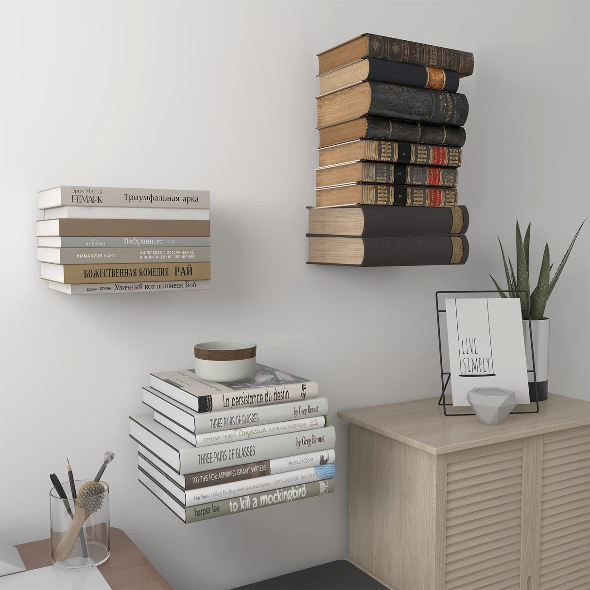 STORAGE MANIAC Floating Book Shelves for Wall Mounted Invisible Floating Bookshelves Heavy-Duty Steel Hidden Bookshelf Hanging Bookshelves for Bedroom Living Room Office, White 4-Pack Large STORAGE MANIAC