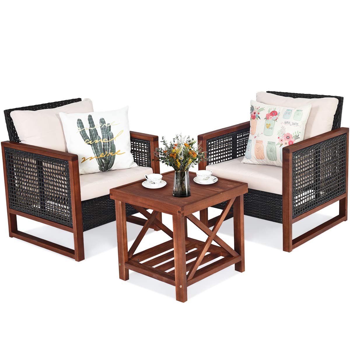 Tangkula 3 Pieces Patio Wicker Furniture Set, Rattan Outdoor Sofa Set w/Washable Cushion & Acacia Wood Coffee Table, Conversation Bistro Set for Garden Balcony Backyard (Beige) Tangkula