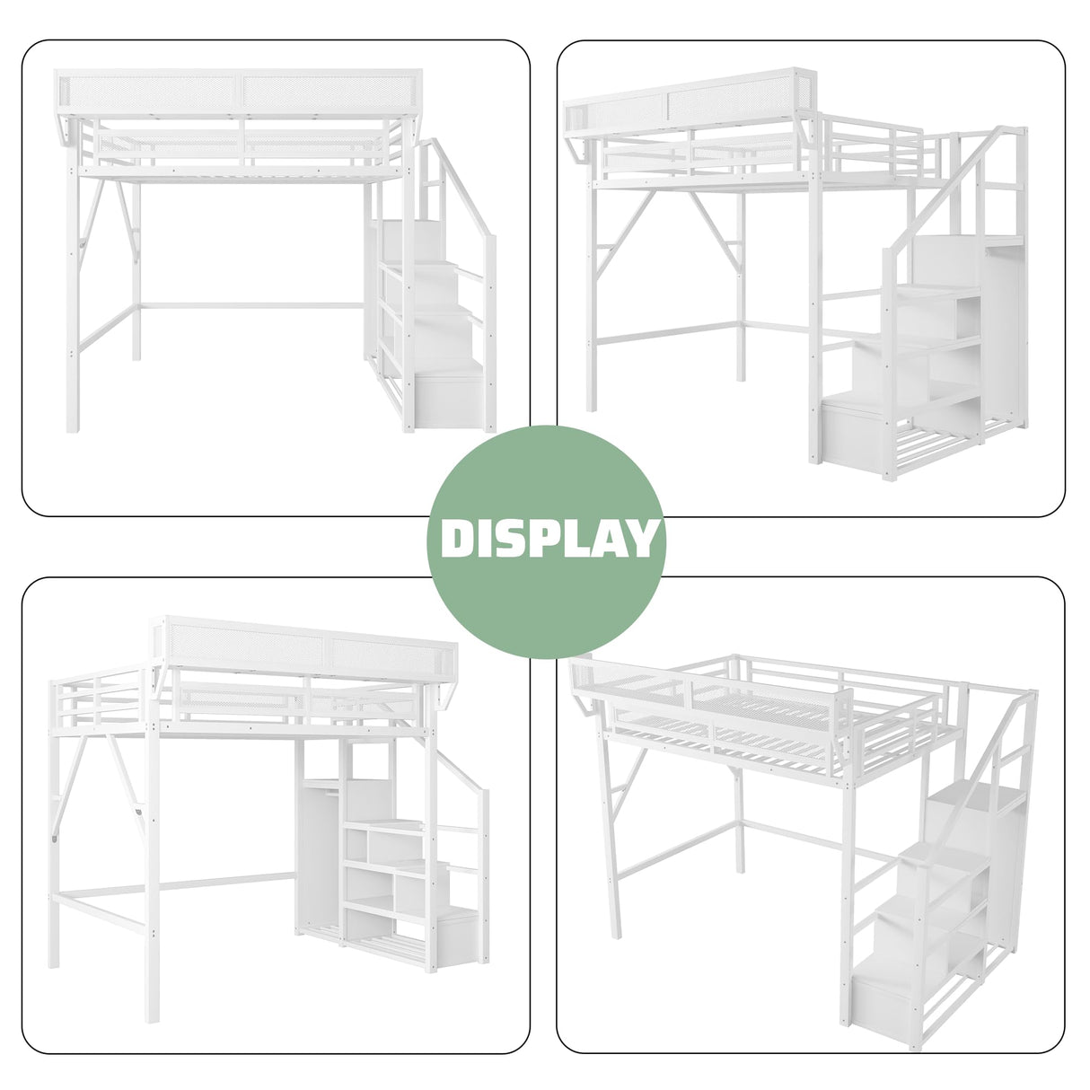 MoproBeti Full Loft Bed with Stairs, Metal Loft Beds Full Size with Storage Shelves, Adults Loft Bed with Wardrobe, Heavy Duty High Loft Bed for Teens, No Box Spring Needed, No Noise,White MoproBeti