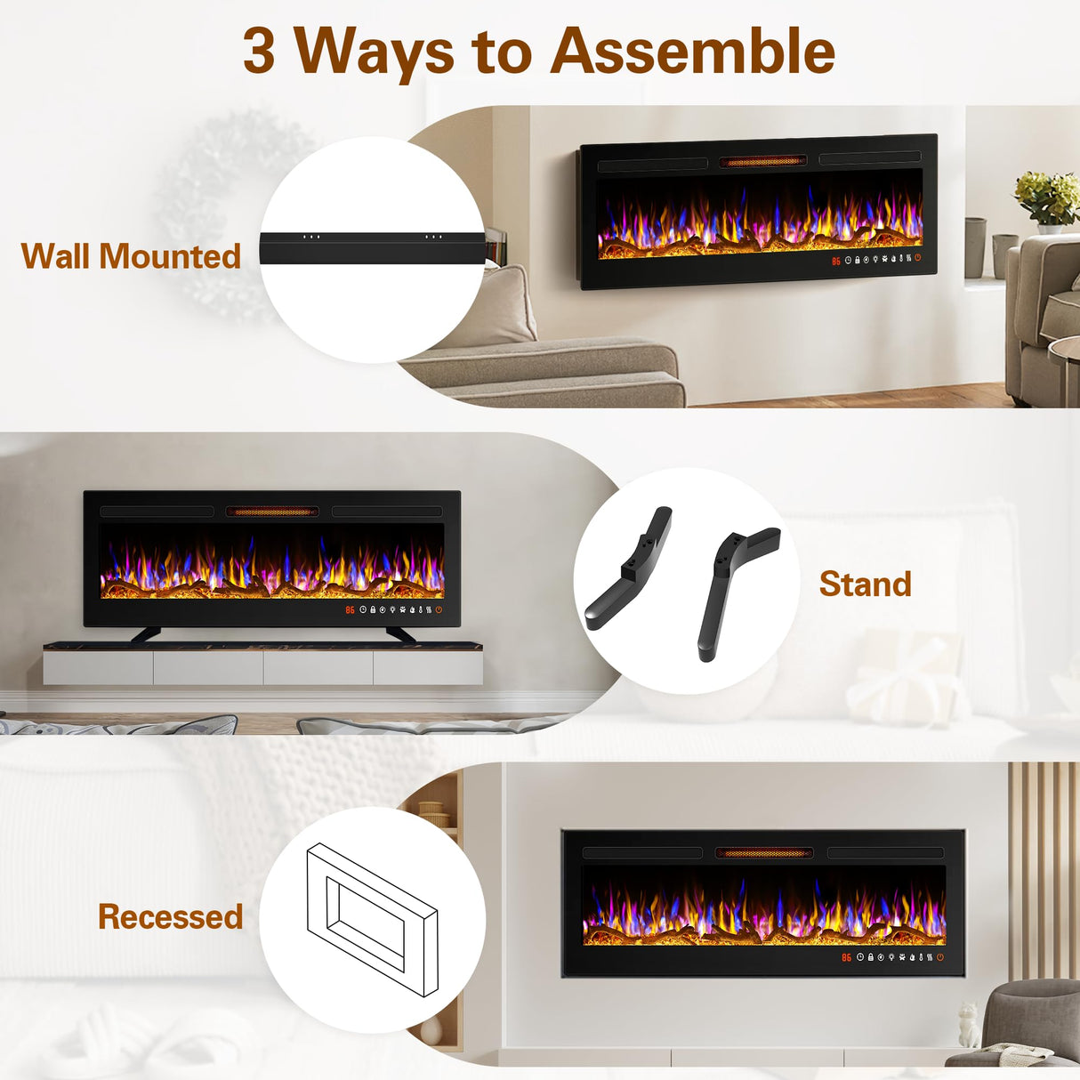ALPACA 60" Slim Electric Fireplace Recessed and Wall Mounted,Wall Fireplace and Freestanding Linear Fireplace, with Remote Control,13 Adjustable Flame Color and 5 Brightness, 750W/1500W Alpaca