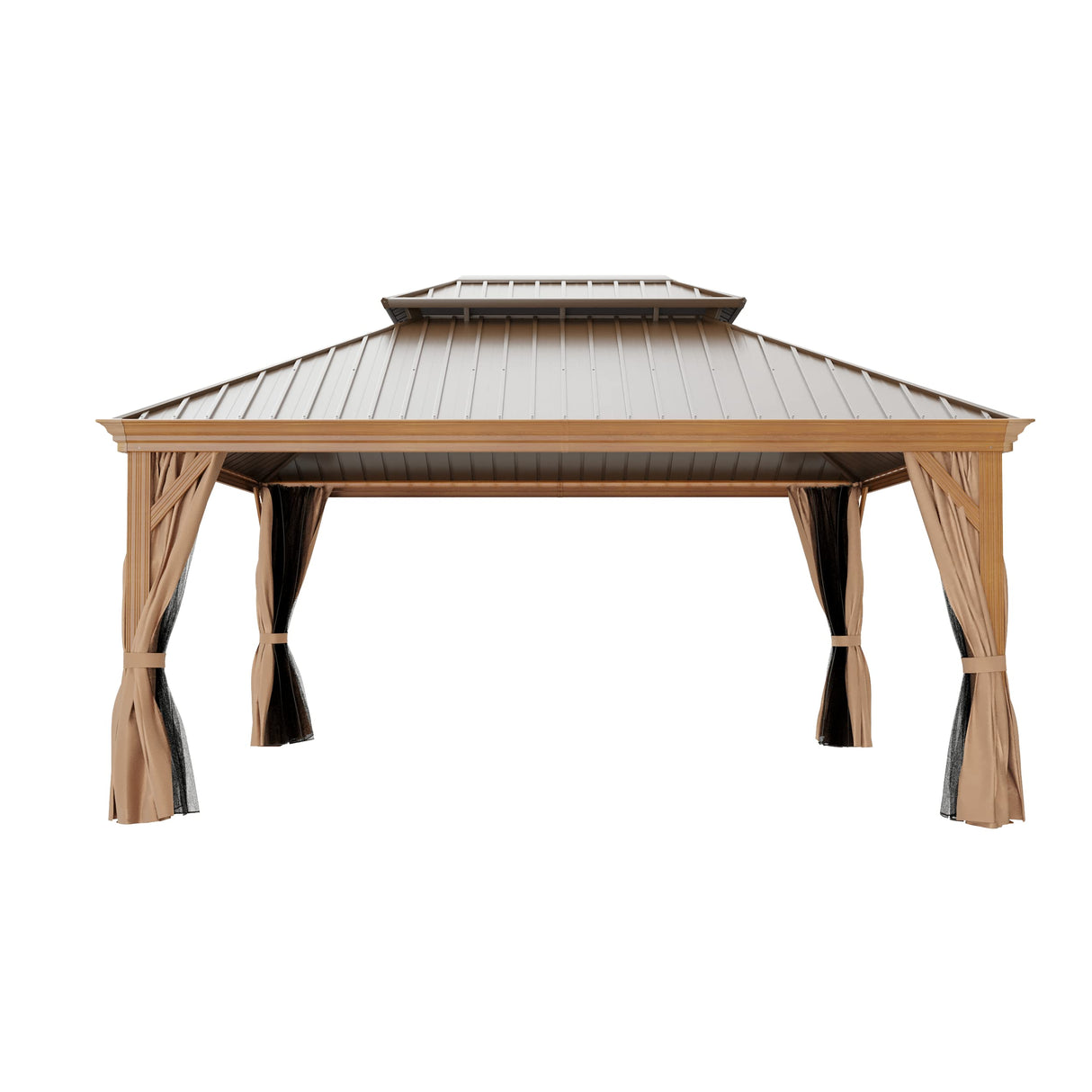GAZEBEST 12' X 16' Hardtop Gazebo Outdoor Aluminum Patio Gazebo Double Roof Galvanized Steel Gazebo Canopy Wooden Finish Coated with Netting and Curtains,for Garden Patio,Patio Backyard,Deck and Lawns GAZEBEST