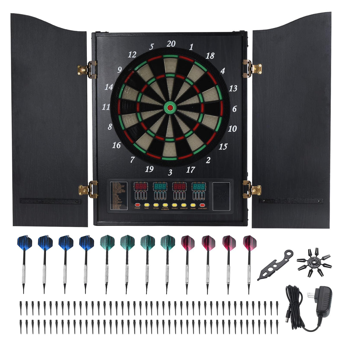 PATIKIL Electronic Dart Board Cabinet Set, LED Digital Electric Dartboard with Wooden Cabinet Door, Soft Tip Darts Board with 12 Darts, 88 Tips, 27 Games, 243 Variations, Up to 16 Players PATIKIL