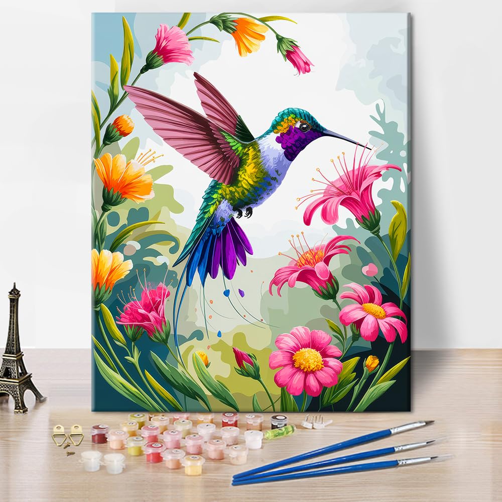 Rebotipy Paint by Numbers Kit for Adults Hummingbird Flower Floral Nature Bird Pattern Adult Paint by Number Kits on Canvas,DIY Oil Painting Kits for Home Wall Decor 16"x 20" Rebotipy
