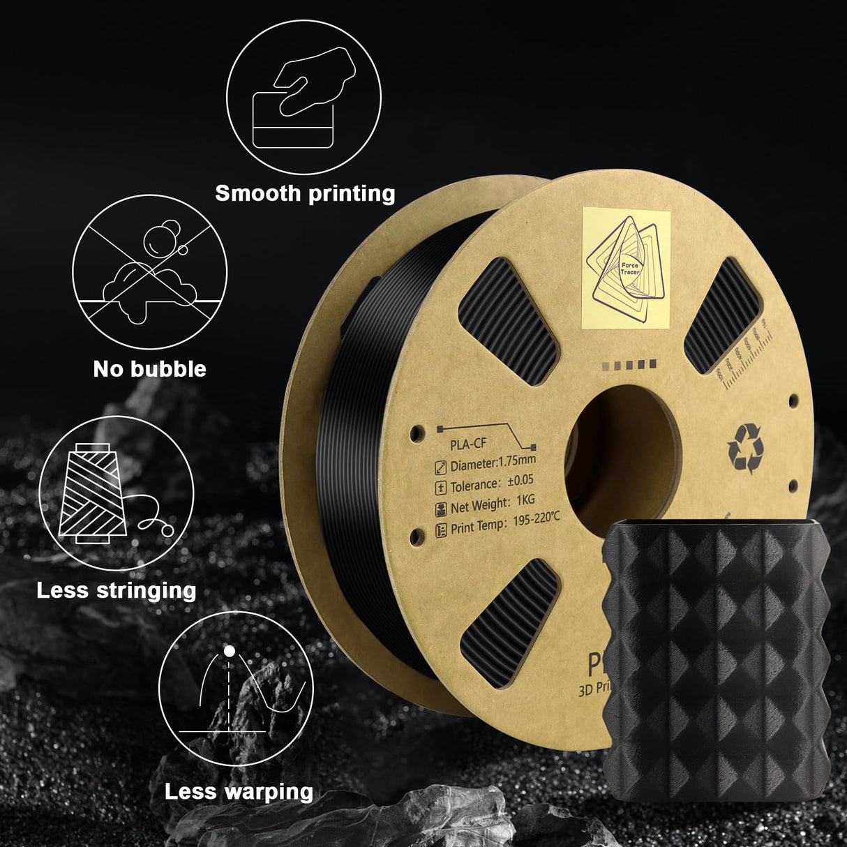 Carbon Fiber Filament 1.75mm - Reinforced 3D Printer Filament - Black pla 3D Filament - PLA-CF 1.75 Filament - 340m Spool (2.2 LBS) for 3D Printers Force Tracer