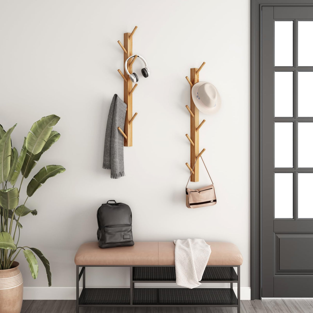 TIOPGHAD 2-Pack Wood-Wall-Mounted-Coat-Hooks, Bamboo Vertical Coats Rack Holder Hanger with 8 Hooks Entryway Hanging Wooden Racks for Hanging Jacket Coat Hat in Entryway Office Bathroom(Natural) TIOPGHAD