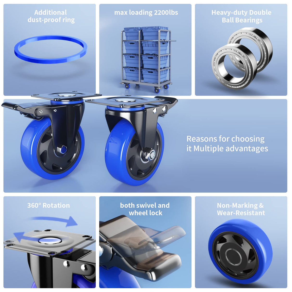 5 Inch Caster Wheels with Safety Dual Locking, Heavy Duty Casters Set of 4, Industrial Swivel Casters 2400Lbs, Polyurethane No Noise Wheels for Cart, Furniture(Bonus of 2 Hardware Kits) WOZESEIK